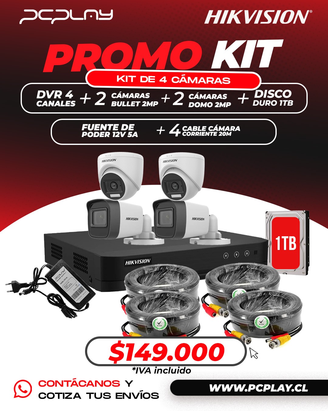 KIT DE 4 CÁMARAS HIKVISION CON DVR DE 4 CANALES + ACCESORIOS